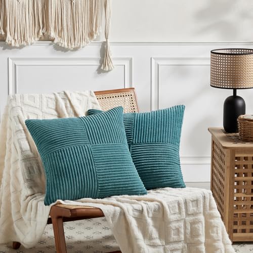 Image of Fancy Homi 2 Packs Teal Decorative Throw Pillow Covers 22x22 Inch for Living Room Couch Bed Sofa, Rustic Farmhouse Boho Home Decor, Soft Corss Corduroy Patchwork Accent Square Cushion Case 55x55 cm