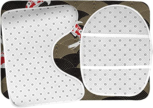 3-teiliges Badezimmerteppich-Set, traditioneller japanischer Fisch auf einem Designmuster-Hintergrund, waschbare Badeteppiche, rutschfest, mit Rückenpolster, Konturteppich und Toilettendeckelbezug – Bild 6