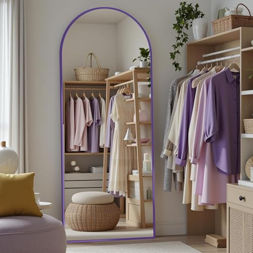 Full Length Mirror, 58"x18" Floor Mirror, Arch Floor Standing Mirrors Freestanding Arch Full Body Mirrors with Stand for Bedroom, Hanging Mounted for Living Room Cloakroom, Purple