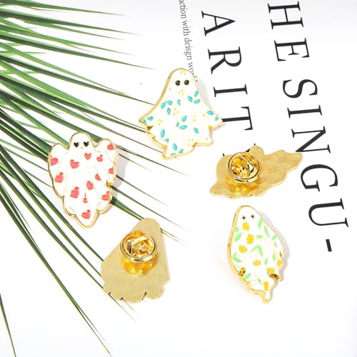 Image of 5Pcs Halloween Ghost Enamel Brooch - Pumpkin Reaper /Death's Scythe Devil Boo Lapel Pin - Cute Flower Smile Heart leaves Pattern Badges Gifts for Women Men