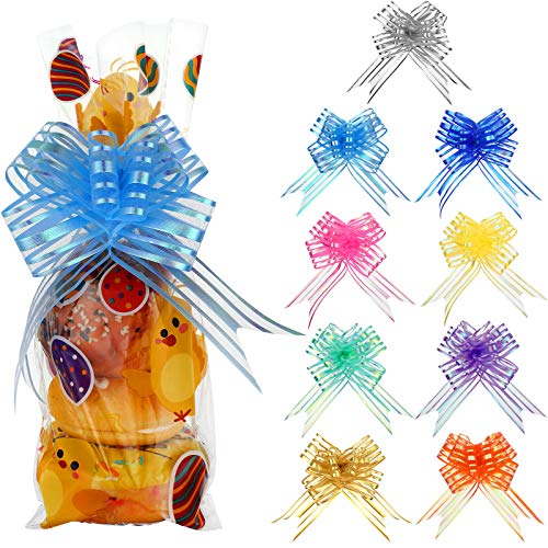 20 Pieces Easter Basket Bags Easter Clear Basket Bags 11 x 5 Inches Easter Treat Bags Cellophane Candy Bags with 20 Pieces Colorful Pull Bows for Easter Birthday Wedding Party Favors Supplies