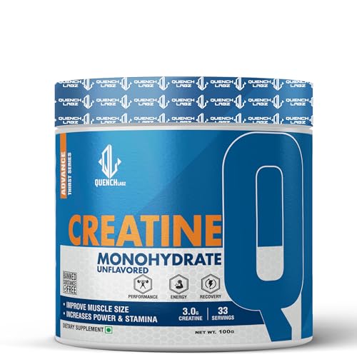 Image of QuenchLabz Creatine Powder 3000 mg | Mircronized Creatine Monohydrate | Creatine Monohydrate 100g for For Lean Pump and Volumization | Gym Supplement for Men for Pump and Strenght - Unflavoured Powder - 33 Servings - Pouch (100 GM, Unflavoured)