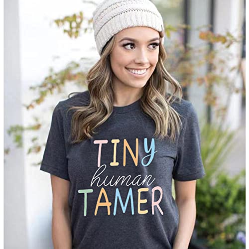 Teacher Shirts for Women - Kindergarten & Elementary School Teaching Tee Funny Tiny Human Tamer Graphic Tees Tops2
