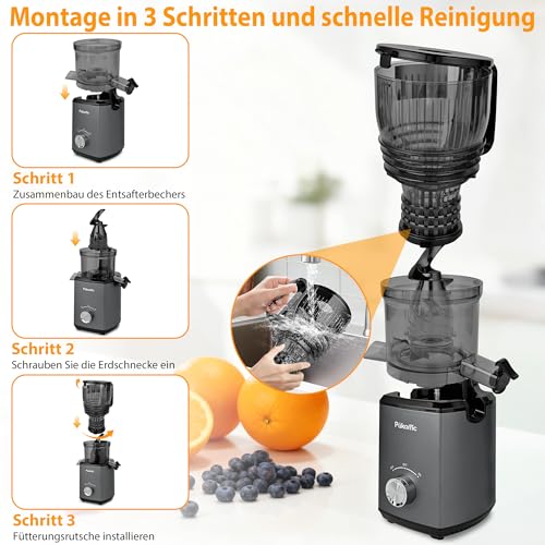 Pukomc Cold Press Juicer, 147MM feed chute for whole fruits and vegetables - 1.8L Capacity 300W Cold Press Juicer with slow grinding juicing, includes cleaning brush and juicing cup, grey. - Image 5