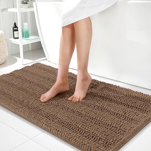 Image of OLANLY Thick Bathroom Runner Rugs 44x24, Extra Absorbent Chenille Striped Bath Rugs, Rubber Backing, Machine Wash Dry, Long Bath Mats for Bathroom Floor, Tub and Shower, Home Decor Accessories, Mocha