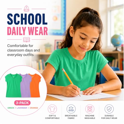 Image of Bienzoe Plain Solid Girls T-Shirts: School Basic Tee 3-Pack | Short Sleeve, Ages 4-13, PE, Recess, Outdoor Play, Soft Cotton Blend, Breathable Quick-Dry, Easy Care, Easy to Mix and Match