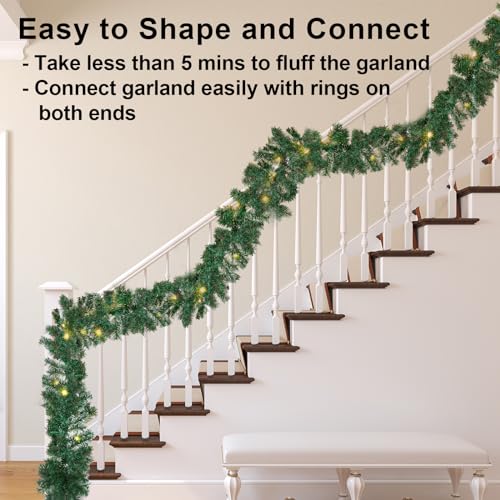 10Ft Pre-lit Christmas Garland with 50 LED Lights- Battery Operated String Light with Timer-Waterproof Lighted Outdoor Christmas Garland for Stairs Railing Mantle Fireplace Front Porch Decor-10 Foot