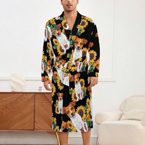 Jack Russell Terrier Dog Sunflower Soft Robe Long Sleeve Bathrobes V Neck Sleepwear Spa Robes with Belt Men Woman2
