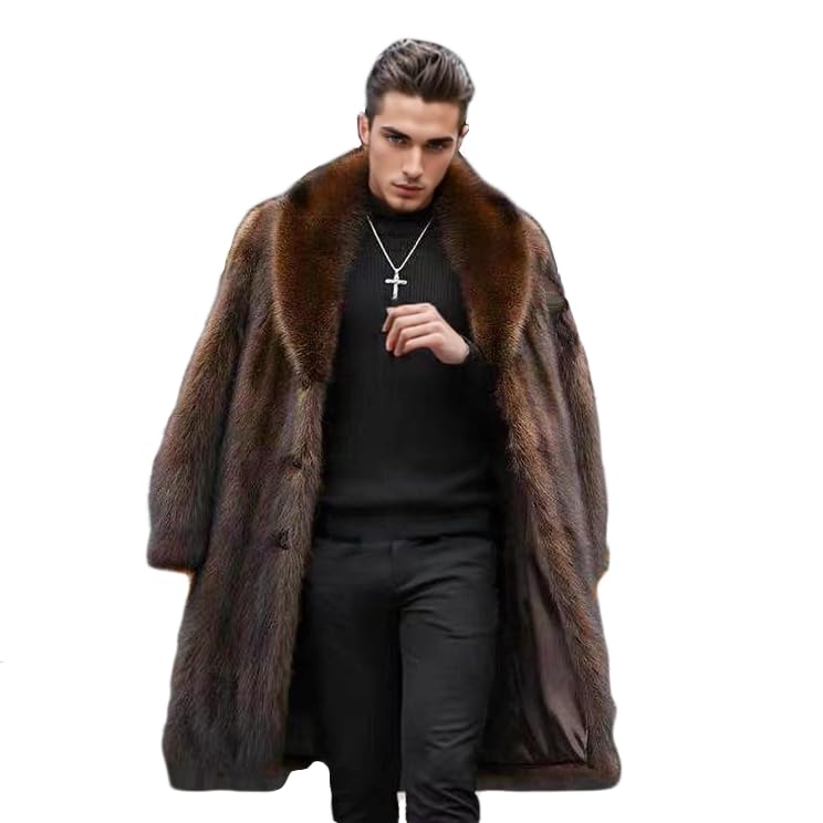 Men's Fashion Brown Shaggy Faux Fur Collar Coat Long Sleeve Long Length Brown Fluffy Coat