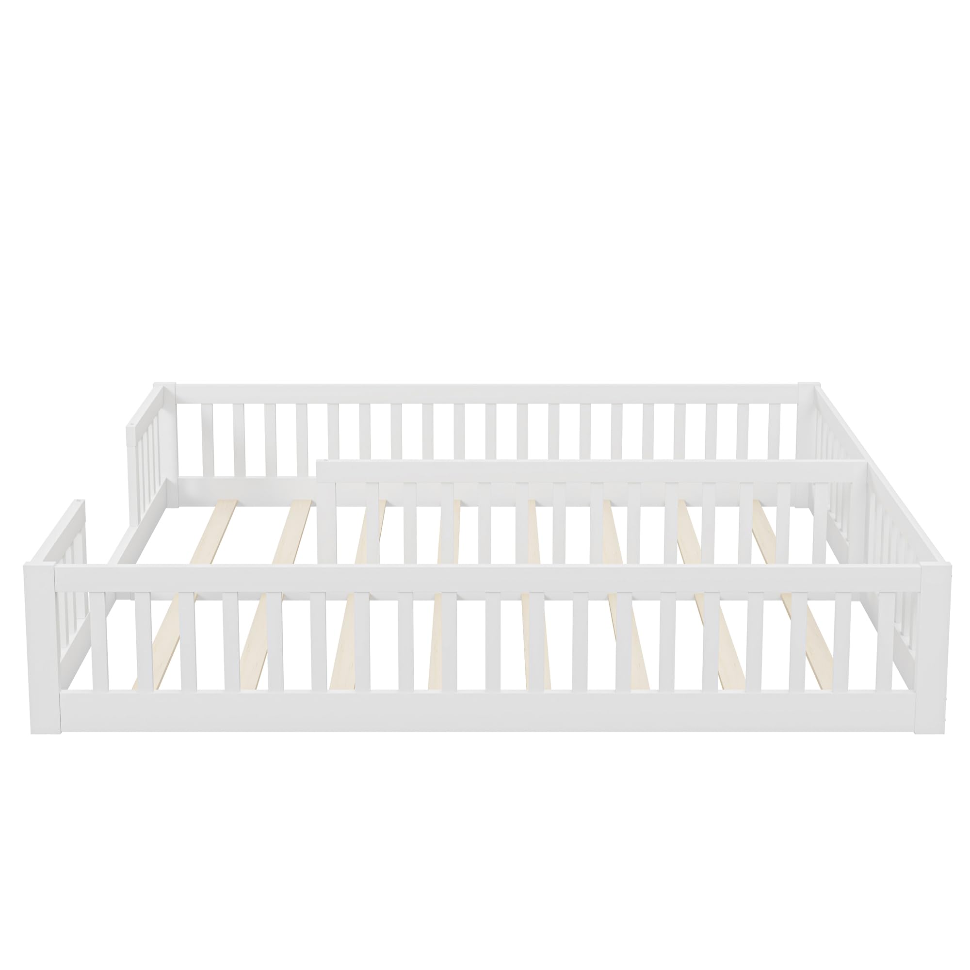 Kinderbett Bodenbett 90x200 cm mit Sicherheitsgitter, Holzbett Jugendbett aus Kiefer für Familien mit 2 Kindern, Kinder Bett Zwillingsbett mit Lattenrost, Weiß