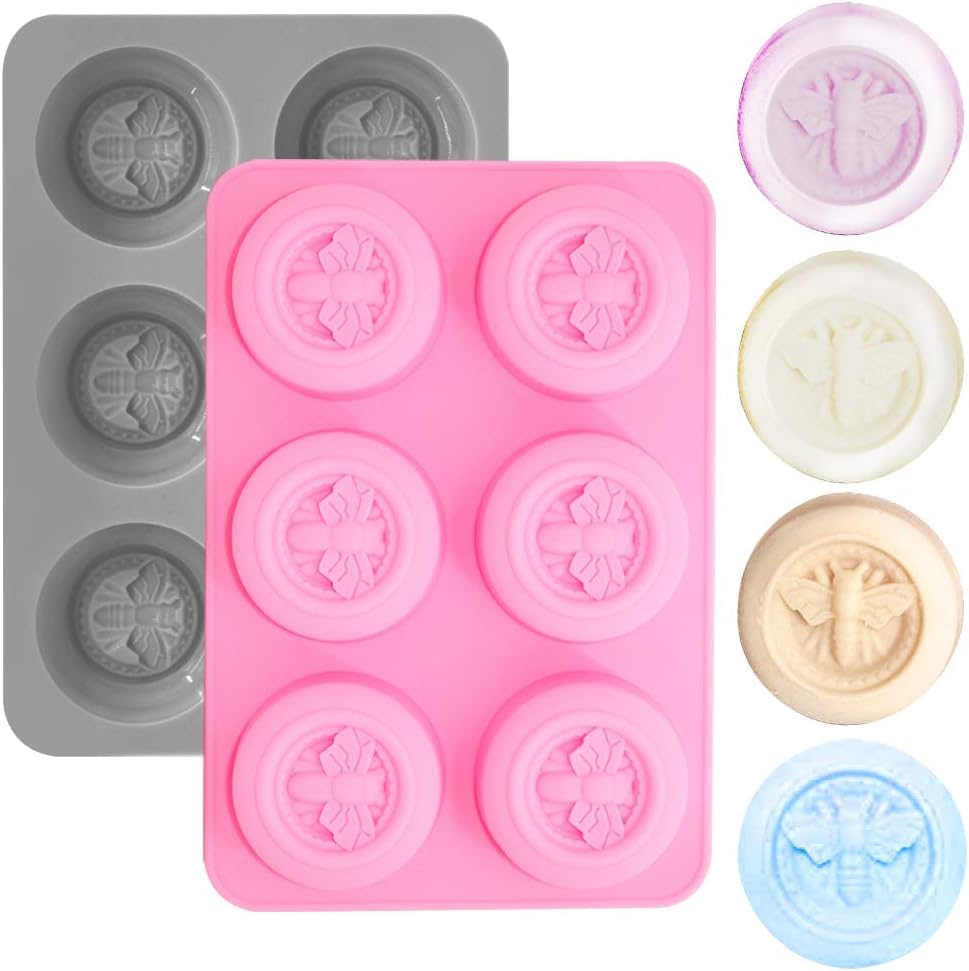 Generic 2Pcs 6-Cavity Bee Honeycomb Soap Mold, Round Honeybee Muffin Silicone Molds for Handmade Soaps, Cupcake Baking, Chocolate, Dessert, Lotion Bar, Resin Craft (Gray, Pink)