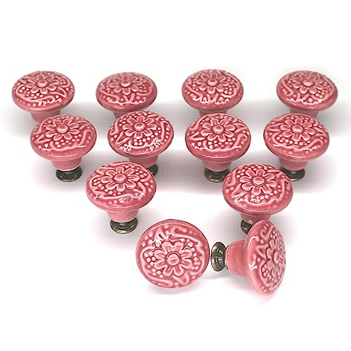 Auped 12pcs Pomelli Armadio Vintage Pomelli, 34mm Pomelli Rotondi in Ceramica, Maniglie per Mobili Vintage Rotonde Casa adatti a cassettiere, credenze, armadietti, maniglie manopole (Rosso melograno)