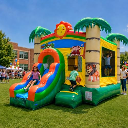Crossover Inflatable Bounce House with Slide with Blower 18 x 12 x 14.5 Foot Tropical Smiley Face Bouncy House Combo Waterslide with Basketball Hoop, Water Misting System, Stakes and Storage Bag
