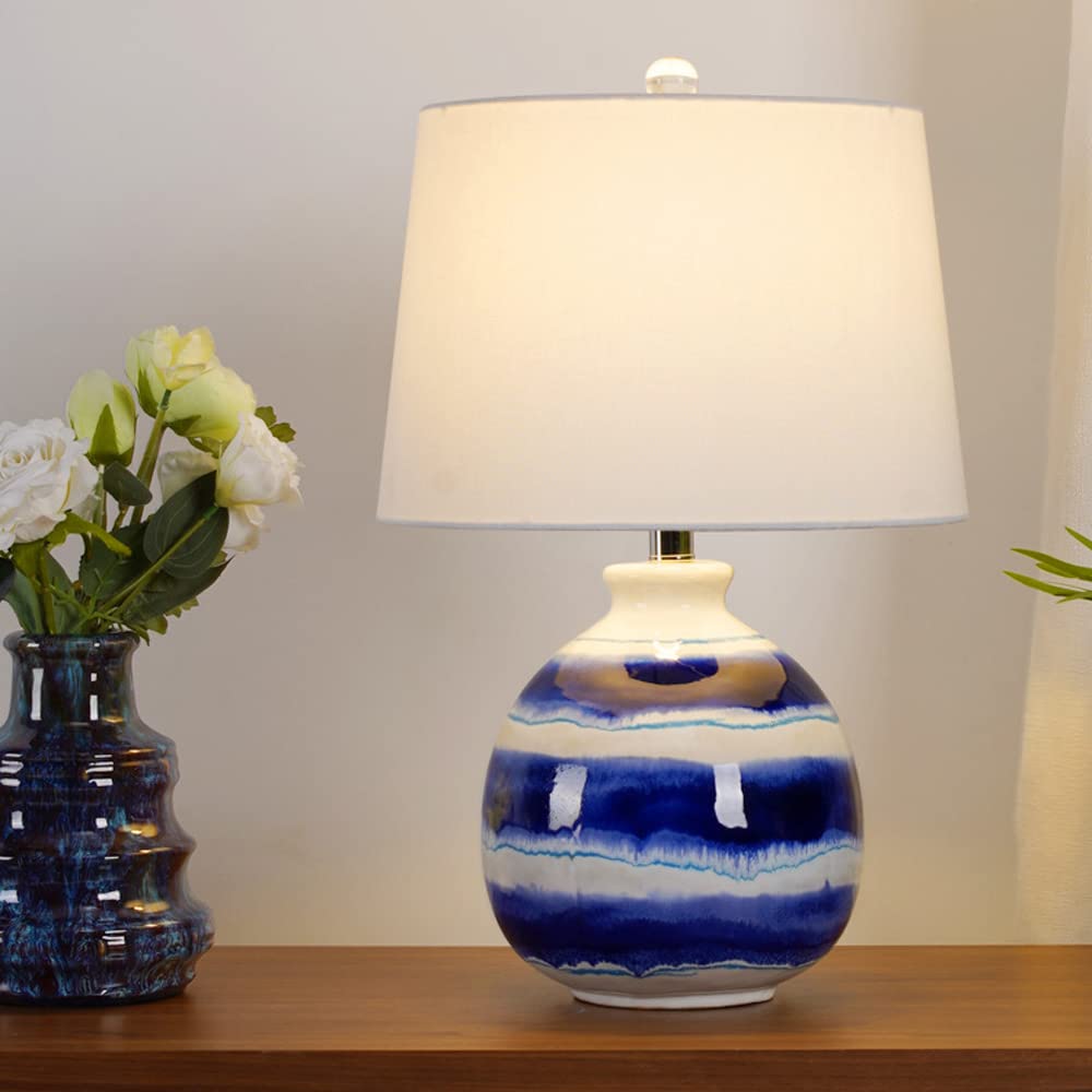 Lampada da tavolo Coastal Home Decor con paralume in tessuto, moderna lampada in ceramica blu e bianca per soggiorno, lampada da comodino bianca da 54 cm per camera da letto