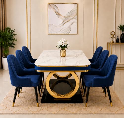 Image of 6-Seater Dining Table with Nano Composite Marble Top and PVC Golden Wooden Base |2yr Warranty - Includes 6 Fabric Upholstered Chairs (Blue, White Nano Composite Marble Top)