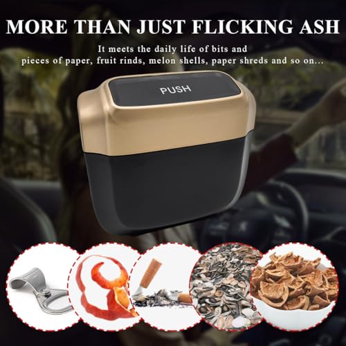 Image of Car Trash Can with Lid, Mini Hanging Push Car Garbage Container with 30 Trush Bags, Portable Leakproof Rubbish Organizer for Most Vehicles Office Home, Car Accessories (Golden)