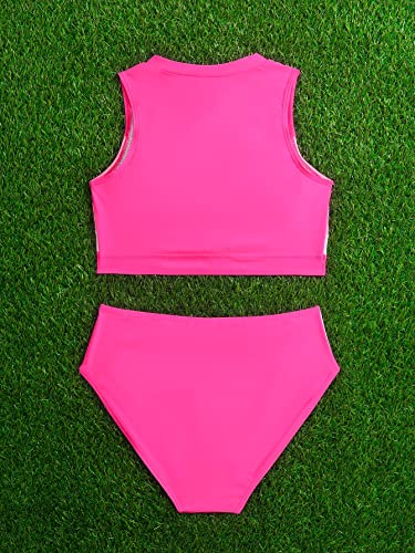 Image of COZYEASE Girls' 2 Piece Swimsuits Colorblock Zipper Front Cute Bikini Set High Waisted Bathing Suit Hot Pink 11 Years