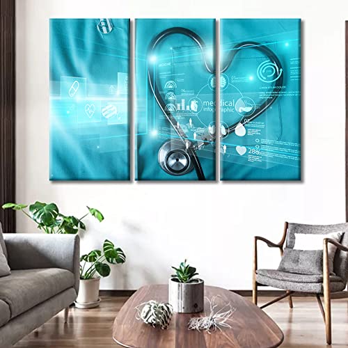 Image of TUMOVO Stethoscope Health Medical Technology Poster Office Decor Clinical Laboratory Wall Art 3 Panel Medical Artwork Posters and Prints Framed Ready to Hang, 60 inch Wx40 H