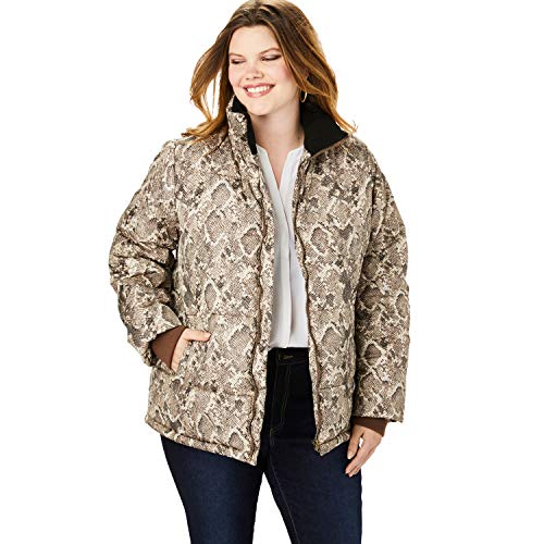 Roamans Women's Plus Size Short Puffer Jacket - 34/36, Brown Snake