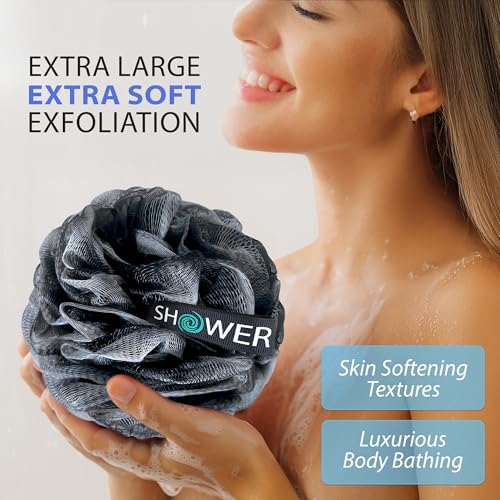 Image of Loofah Charcoal Bath Sponge XL 75g Set by Shower Bouquet: 4 Pack, Extra Large Mesh Pouf Soft Scrubber for Men and Women - Exfoliate with Big Black & White Gentle Cleanse in Beauty Bathing Accessories