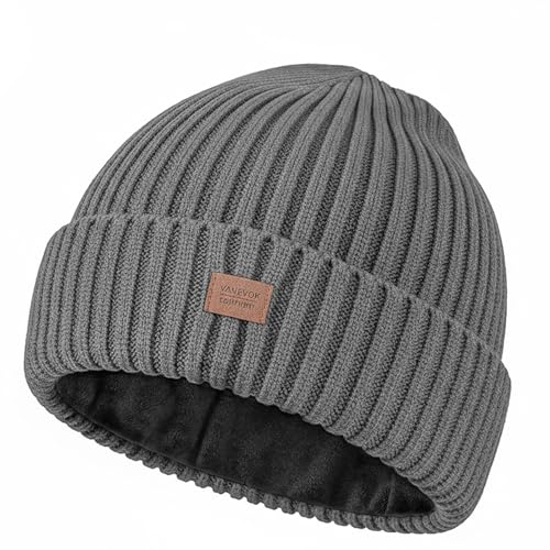 Merino Wool Beanie Hat for Men Women - Thermal Knitted Winter Hat for Large Heads Hiking Running Cap Wrap for Cold Weather Grey