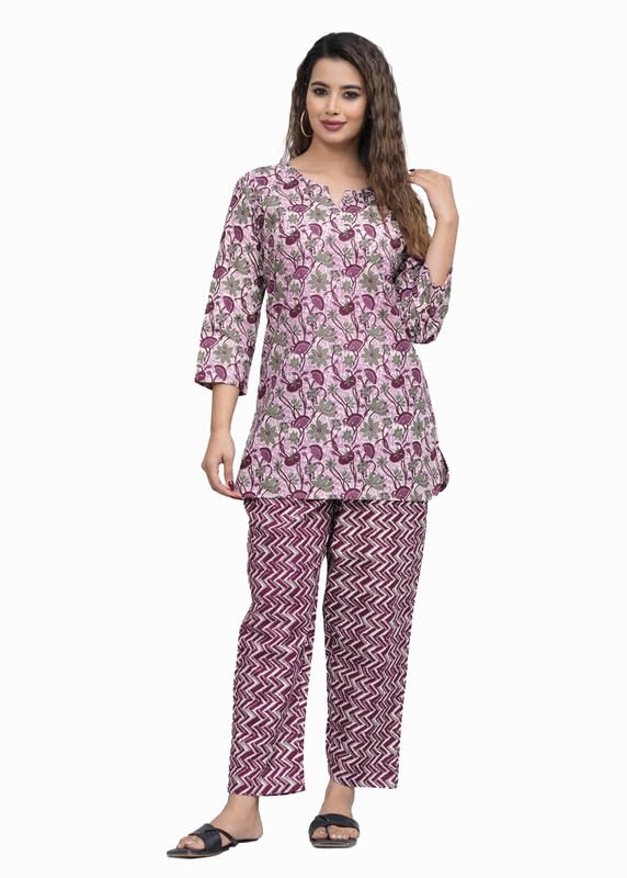 Image of 100% Cotton Printed Night Suit for Women's Shirt and Pyjama Sleep wear Set for Womens and Girls