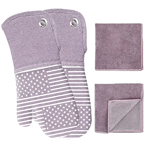 Yarn-Dyed Oven Mitts Silicone Printing And Kitchen Towels 4 Pcs Set, Heat Resistant To 470 Degree, Non-Slip Kitchen Gloves/Pot Holders For Cooking Barbecue And Machine Washable (Purple Oven Mitts) #TOP14