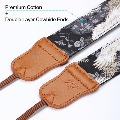 Image of Padwa Lifestyle Camera Strap - 2 inch Cowhide Leather Head Cotton Camera Straps for Photographers,Vintage Japanese Art Print Adjustable Neck & Shoulder Strap for ALL DSLR /SLR Cameras(Grey Crane)