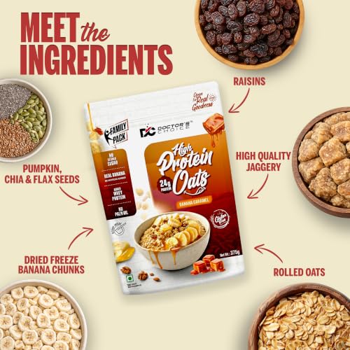 Image of DC DOCTORS CHOICE High Protein Oats Banana Caramel Flavor | 24g Protein | Made with Real Bananas | No Refined Sugar | Healthy Instant Oatmeal Breakfast | High Fiber Oats (375g)