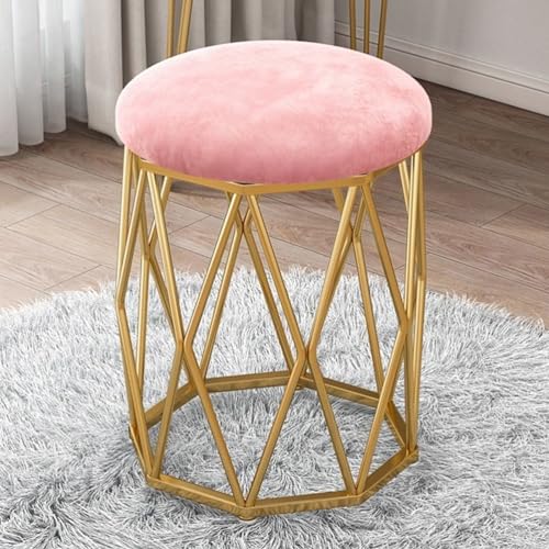 Taburete de maquillaje tapizado rosa con acolchado de esponja para sala de estar moderna, asiento artístico de hierro, 35 x 40 x 43 cm