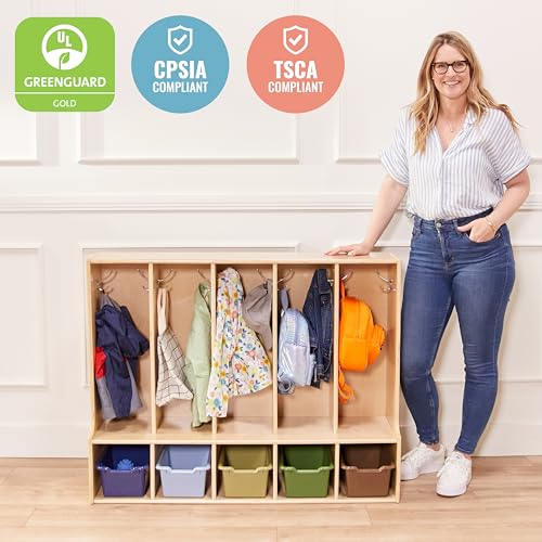 Image of ECR4Kids Streamline 5-Section Toddler Coat Locker with Bench, Classroom Furniture, Natural