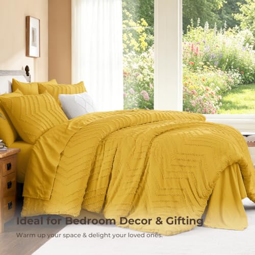 Image of Litanika California King Size Comforter Set with Sheets Mustard Yellow - 7 Pieces Bed in a Bag Cal King Chevron Tufted Complete Bedding Sets with Comforter, Sheets, Pillowcases & Shams