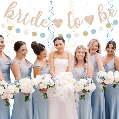 Image of Light-Dusty Blue Beige-Champagne Bridal-Shower Party-Decorations - 31pcs Bride to Be Banner,Boho Neutral Bachelorette Paper Lanterns,Wedding Garland,Tissue Pom Poms Flower Fan Decor Supplies Burgleda