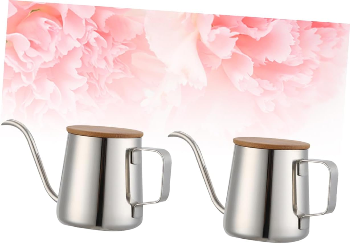 2pcs Stainless Steel Coffee Kettle Fine Mouth Pot Wooden Lid for Coffee