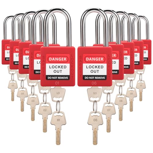 TOKCKYBL Lockout Tagout Locks Set | 10 Red OSHA-Compliant Safety Padlocks with 2 Keys Each | Keyed Different Loto Locks for Electrical, Industrial, & Machinery Lockout Tag Out Kits