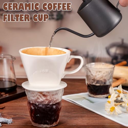 Image of Pour Over Coffee Dripper, Ceramic Pour Over Coffee Maker, White | 3 Holes Flat Bottom, Easy Manual Brew Maker, Porcelain Slow Filter Cone for Travel, Camping, Office, Home