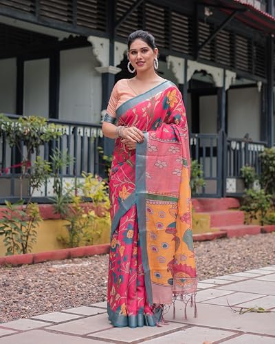 Image of Kaugalian store Linen Cotton Floral Printed Saree for Women with Unstitched Blouse Piece | 5.5 M Saree & 0.8 M Blouse