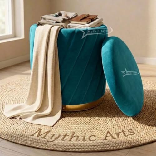 Image of Mythic ArtsRound Upholstered Sitting Stool & Footrest Velvet Storage Ottoman Pouffe13 X 13X 16 inch | Versatile Puffy for Living Room, Bedroom, and Office ? Chic Home Furnishings & Dcor Aqua