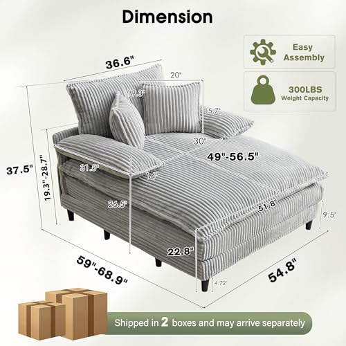 Image of WESTSETLUX 54.8 inch W Oversized Chaise Lounge Chair Indoor with 5-Position Adjustable Backrest, Corduroy Sleeper Sofa Bed with 3 Pillows, Modern Cloud Couch Chair for Living Room, Bedroom, Grey