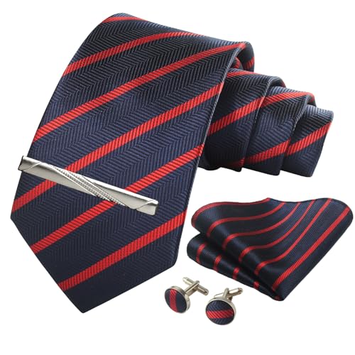 Image of Striped Plaid Polka Dot Mens Tie Formal Necktie Pocket Squares Ties Clips Cufflinks Classic for Men Set