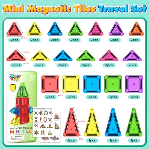 Image of 40PCS Mini Magnetic Tiles Toddler Travel Essentials Toys with Case Set, Magnetic Building Blocks Kids Games, Montessori Preschool Education Sensory Toys for 3 4 5 Year Old Boys Girls Birthday Gifts