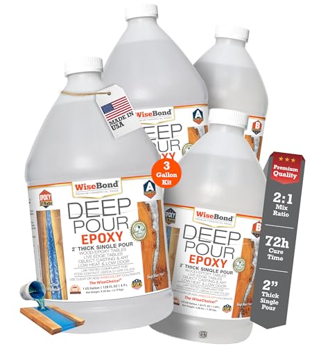 WiseBond Deep Pour Epoxy Resin 3 Gallon Kit 2 Thick Object Casting Made in USA Clear High Gloss Bubble Free Slow Cure DIY 2:1 Mix River Table Mold Art Wood UV Temp Resistant