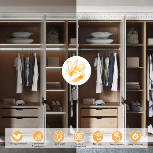 Image of COB LED Strip Lights, 12V Cabinet Light 6x6.56FT, 6500K Cuttable DIY LED Strip with Hide Touch and Hand Sweep Dimmer Switch Kit for Cabinet Showcase Kitchen Acoustic Panel Decoration Shelf Lighting