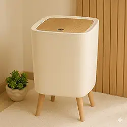 Lixeira Branca Decorativa com Tampa e Pés em Plástico Imitando Madeira, Design Moderno, Elegante para Banheiro, Cozinha ou Escritório (PREMIUM QUADRADO)
