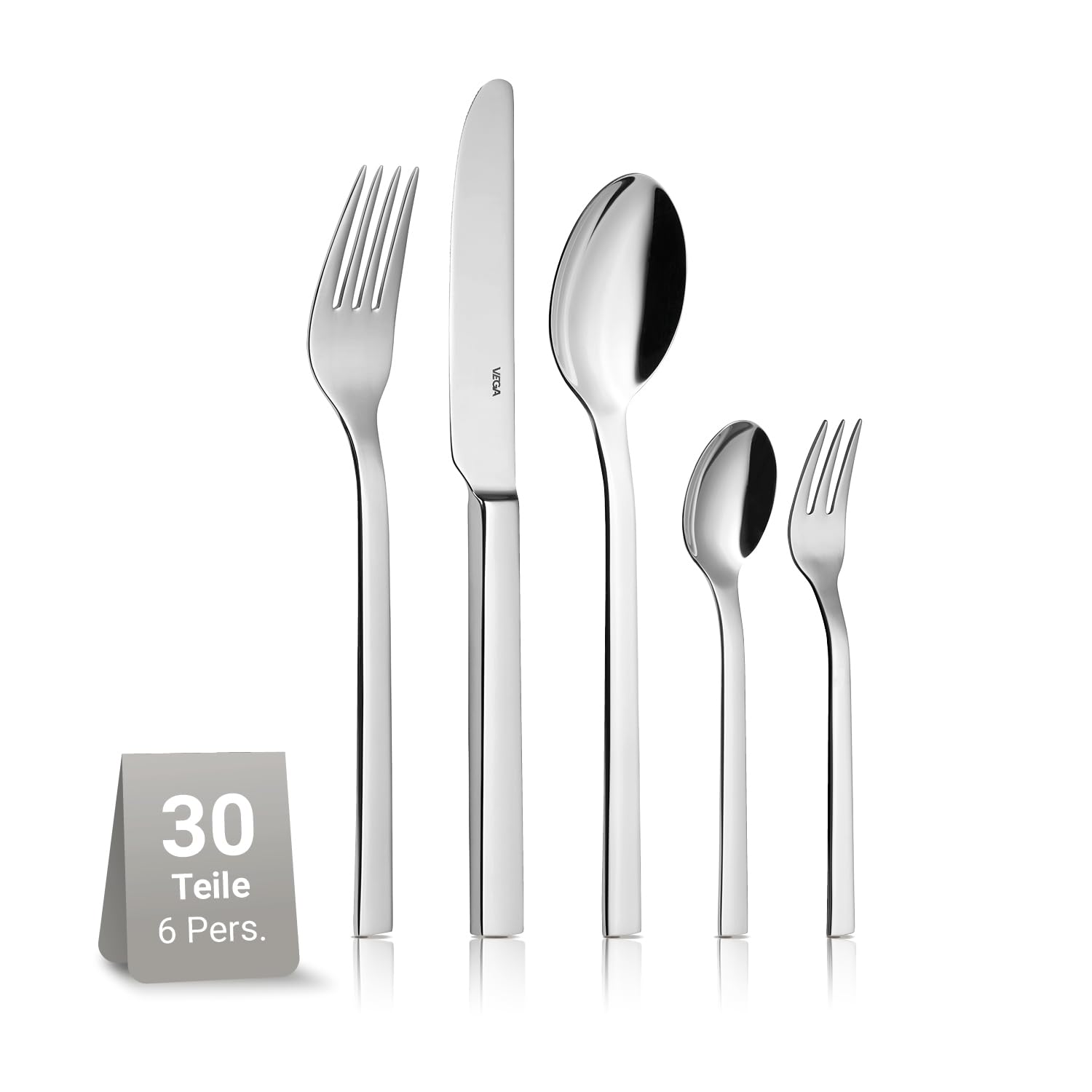 VEGA Native Besteckset 30-teilig für 6 Personen, Edelstahl 18/10, Silber | Spülmaschinenfest & rostfrei, Tafelbesteck hochglanzpoliert, 6 Gabeln, 6 Messer, 6 Löffel, 6 Kaffeelöffel, 6 Kuchengabeln