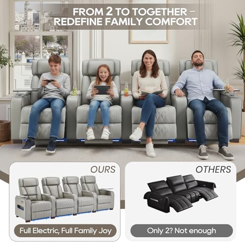 Image of Luxury Home Theater Seating - Power Recliner with Adjustable Headrests, Blue LED Ambient Lighting, Tray Table, USB & Type-C Charging (Grey,4 Seat)
