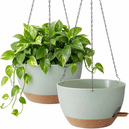 TYMENSH Hanging Plant Pots 12 Inch Set of 2 Self Watering Hanging Planters with Drainage Holes Removable Saucer Durable Plastic Flower Pots with Chains for Indoor Outdoor Plants Green