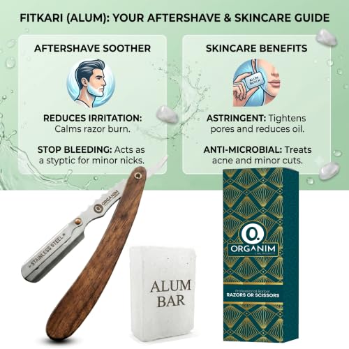 Image of ORGANIM Professional Wood Ustra for Men - Stainless Steel Straight Razor Salon And Alum Bar (Fitkari) - 100g 100% Pure Natural Phitkari Stone Bar for water purification, Skin Tightening, Underarm Deodrant| Gentle,Effective & Natural After Shave Lotion alternative| Chemical-Free Shaving Kit Aid (Combo kit)