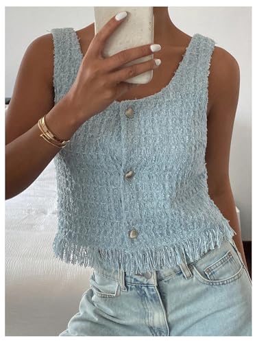 GORGLITTER Women's Tweed Button Up Crop Blazer Vest Sleeveless Fringe Business Casual Work Tank Jacket Tops 20254