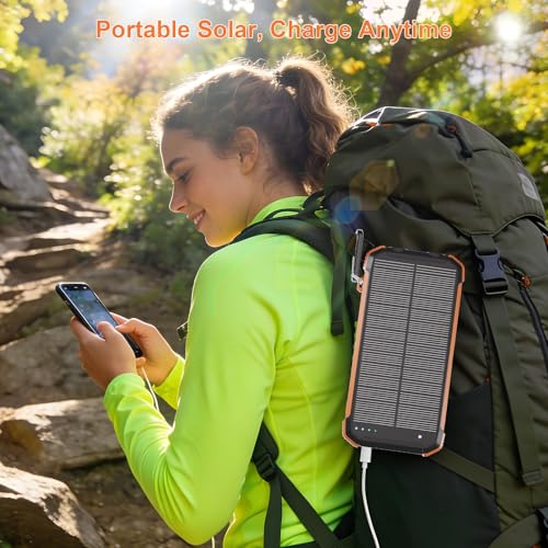 Image of Solar Charger Power Bank 20000mAh, Wireless Fast Charging Battery Pack with 3 Built-in Cables & USB-C Input, Dual LED Flashlights, Portable Phone Charger for Camping, Travel & Emergency Use